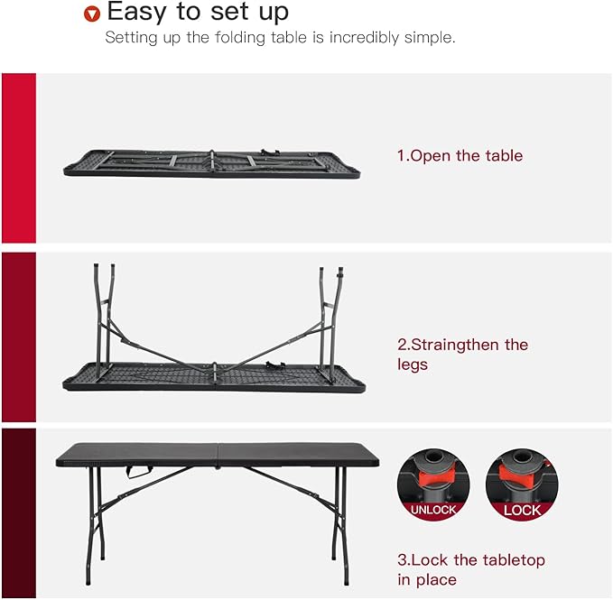 PayLessHere | 6FT Folding Table | Black Ratten | Portable Plastic Table with Carry Handle | Waterproof & Foldable Table Design | Steel Frame with Lock | for Events, Camping, Indoor & Outdoor Use
