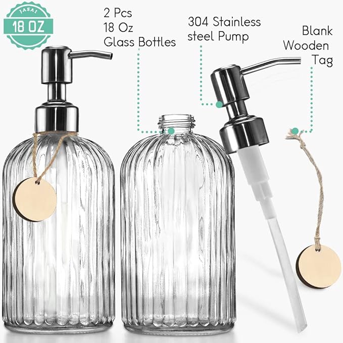 JASAI 2PACK 18 Oz Glass Soap Dispenser with Rust Proof Stainless Steel Pump, Refillable Hand Soap Dispenser with Vertical Stripe, Premium Bathroom soap Dispenser for Kitchen & Bathroom