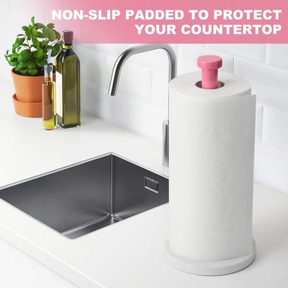 Standing Paper Towel Holder, Kitchen Paper Towel Roll Holder- for Bathroom Kitchen Countertop with Weighted Marble Base for One-Handed Operation (Pink), Pink Paper Towel Holder