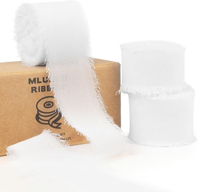 White Chiffon Ribbon - 1 Inch x 21 Yards, Handmade Fringe, Silk, Boho Frayed, Wedding Invitation, Bridal Flower Bouquets, Floral Arrangement, Gift Wrapping