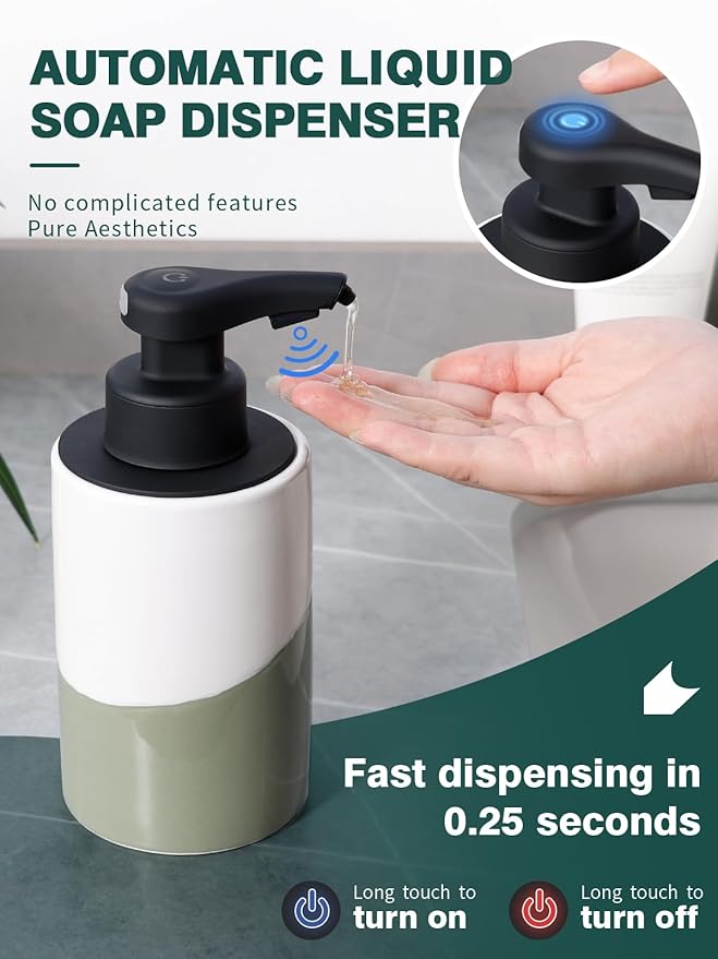 BosilunLife Automatic Soap Dispenser Ceramic Hand Free Soap Dispenser with Waterproof Pump Rechargeable Smart Electric Soap Lotion Dispenser Touchless for Kitchen Bathroom (White-Green, Liquid Pump)
