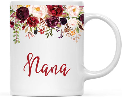 Andaz Press 11oz. Mother's Day Ceramic Coffee Tea Mug Gift, Fall Autumn Marsala Burgundy Flowers Roses Florals, Nana, 1-Pack, Includes Gift Box, Birthday Christmas Gift Ideas