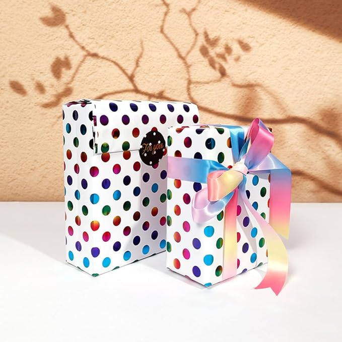 Birthday Wrapping Paper Iridescent Gift Wrapping Paper Mini Roll Baby Girl Shower Wrapping Paper, 3 Rolls Happy Birthday Polka Dots Stripes Printed Assortment - 17 inch x 120 inch(10feet) Per Roll