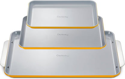 Caraway Non-Stick Ceramic Baking Sheet Trio - Naturally Slick Ceramic Coating - Non-Toxic, PTFE & PFOA Free - 18 x 13" Large, 15 x 10" Medium, & 9" x 13" Small - Marigold