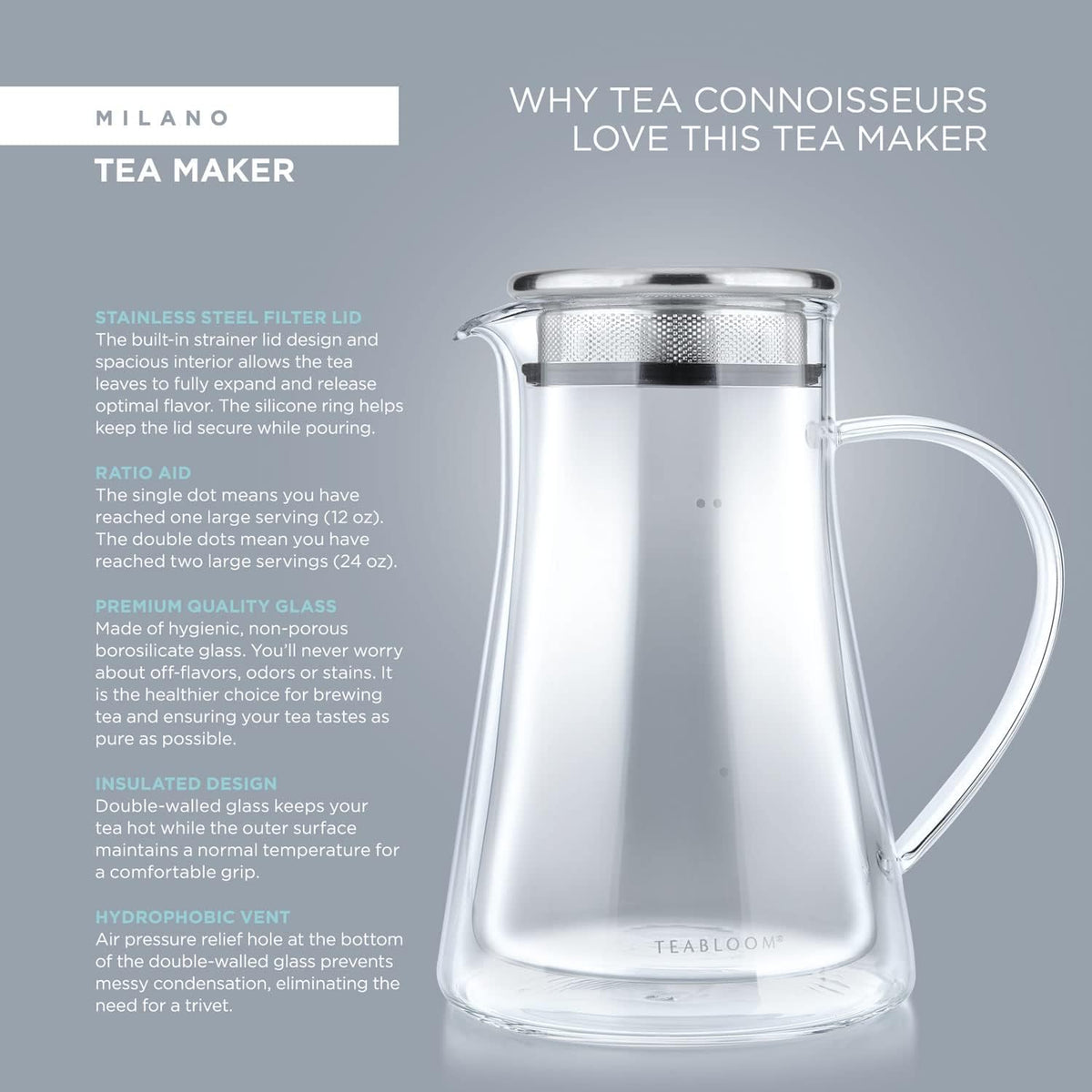 Teabloom Insulated Teapot Keeps Tea Hot – Tea Maker For Two (24 oz) – Double Wall Heatproof Glass Tea Steeper with Stainless Steel Filter Lid for