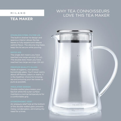 Teabloom Insulated Teapot Keeps Tea Hot – Tea Maker For Two (24 oz) – Double Wall Heatproof Glass Tea Steeper with Stainless Steel Filter Lid for