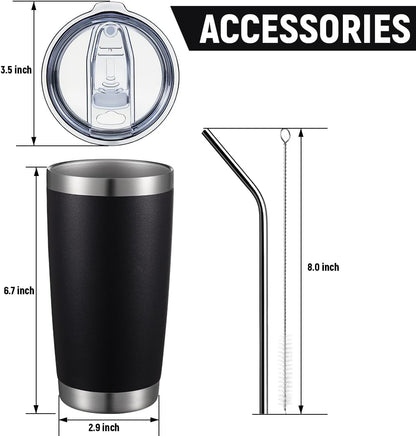 Comooo 20oz/8Pack Black Tumbler Double Wall Vacuum Insulated Coffee Travel Mug Stainless Steel Tumbler with Lid and Straw Coffee Cup for Cold Drinks