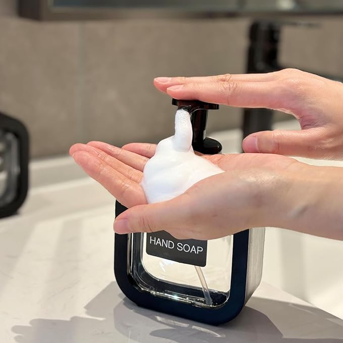 Foaming Soap Dispenser, 300ml (10oz) Plastic Refillable Foaming Hand Soap Dispenser with 8 Pcs Waterproof Labels, Foam Pump Bottle for Bathroom and Kitchen (Black)
