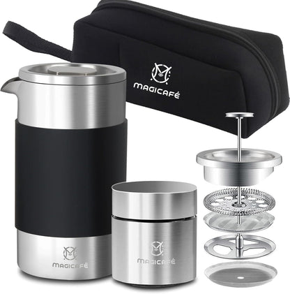 French Press Coffee Maker Set, Portable French Press with Mini Coffee Canister and Collection Bag, Single Serve 1 Cup Small Stainless Steel Double Walled Coffee Press 350ml/12oz