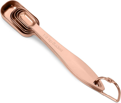 Accurate 18/8 Stainless Steel Measuring Spoons, Heavy Duty Good Handle Set of 6 Measuring Spoon with Ring Connector, Rose Gold