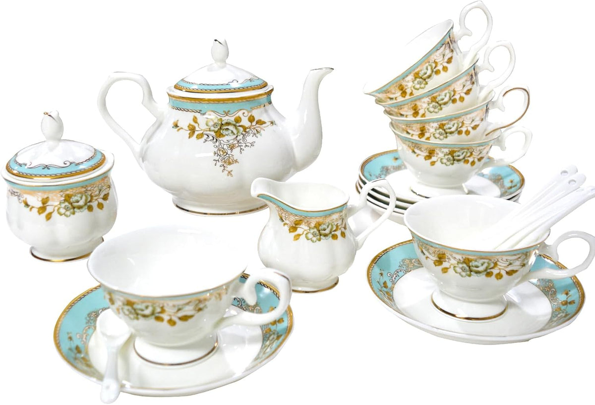 Bone China Tea Set, 21-Pieces Porcelain Tea Set for Adults, Tea Cups And Saucers for 6, with Teapot, Spoons, Sugar Bowl, Creamer Pitcher, Vintage Tea Set for Women Tea Party (Green)