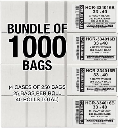 Aluf Plastics High Density Trash Bags, 33 Gallon, 1000 Count, 16 Micron (eq), 33" x 40", Black, for Bathroom, Office, Industrial, Commercial, Janitorial, Municipal, Recycling