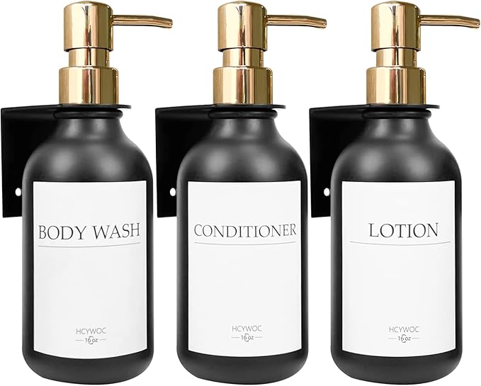 Shampoo Dispenser for Shower Wall, Shampoo and Conditioner Dispenser with 16 Waterproof Labels, No Drill Shower Soap Dispenser Bathroom, Shower Soap Dispenser Wall Mounted,17oz, 3 Pack, Gold Black