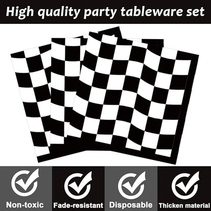 96PCS Race Car Birthday Party Decorations Black and White Checkered Plates Sports Themed Table Supplies Decorations Racing Dessert Plates Napkins Forks for 24 Guests Racing Car Birthday Party Favors