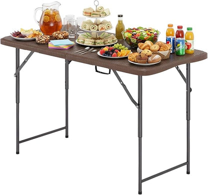 PayLessHere | 4FT Folding Table | Portable Plastic Table with Carry Handle | Waterproof & Foldable Table Design | Steel Frame with Lock | Brown Ratten | for Events, Camping, Indoor & Outdoor Use