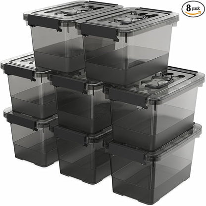 Black Plastic Storage Latch Bins, 8 Pack Clear Plastic Handle Box with Lids and Handle, Multi-Purpose, 4 Quart