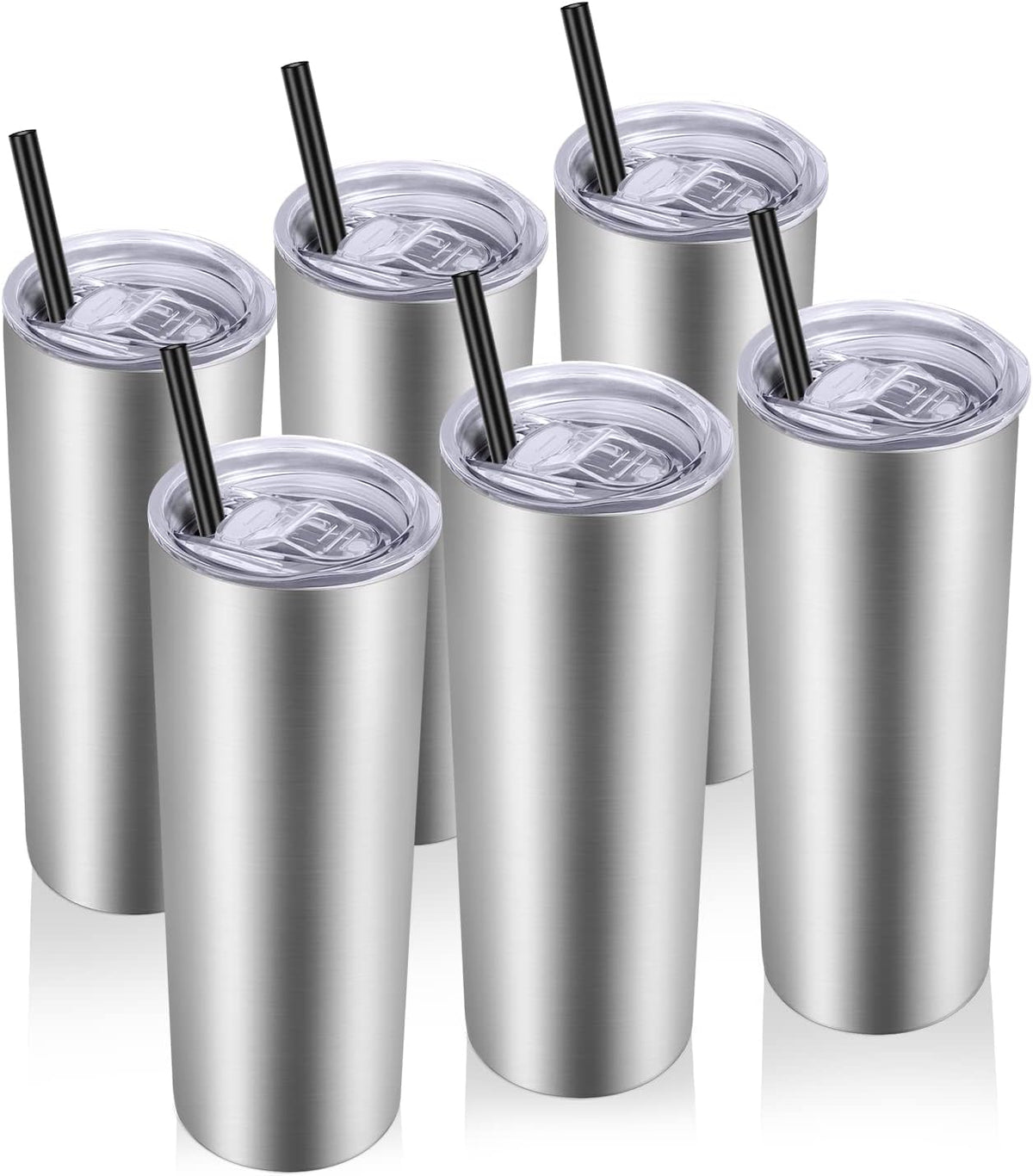 Vegond Stainless Steel Tumblers Bulk 6 Pack, 20 oz Vacuum Insulated Skinny Tumblers with Lid and Straw, Double Wall Coffee Mug, Travel Water Cup