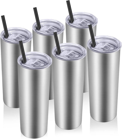 Vegond Stainless Steel Tumblers Bulk 6 Pack, 20 oz Vacuum Insulated Skinny Tumblers with Lid and Straw, Double Wall Coffee Mug, Travel Water Cup