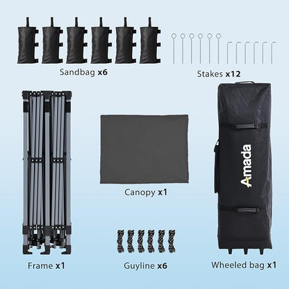 Amada 20x10 Pop Up Canopy Tent - Center Lock One Push Commercial Instant Canopies with 3-Height Adjustable & Wheeled Bag, 12 Stakes 6 Sandbags 6 Ropes, Great for Trade Shows, Events (20x10ft, Grey)