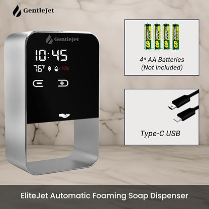 GentleJet EliteJet Automatic Foaming Soap Dispenser – Touchless Sensor, LED Display, 5 Foam Levels, Wall Mount or Countertop, Rechargable USB-C or Battery Powered, Aluminum Alloy, 480 ml Refillable