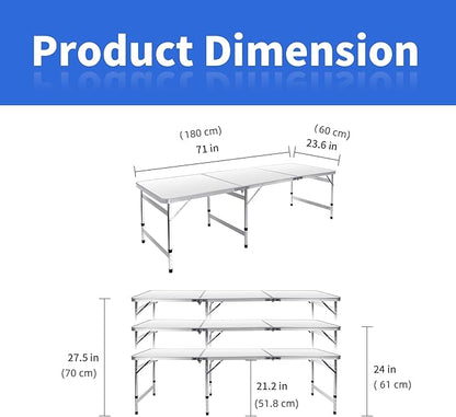 Moosinily Camping Table 6FT Folding Table Large 3 Adjustable Height Portable Picnic Table Camp Aluminum Outdoor Picnic BBQ White