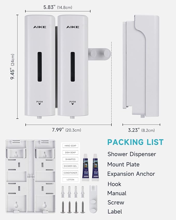 AIKE 2 Chambers Shower Shampoo and Conditioner Dispenser 2 x 11.8 fl.oz. for Bathroom(White)