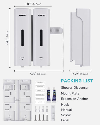 AIKE 2 Chambers Shower Shampoo and Conditioner Dispenser 2 x 11.8 fl.oz. for Bathroom(White)