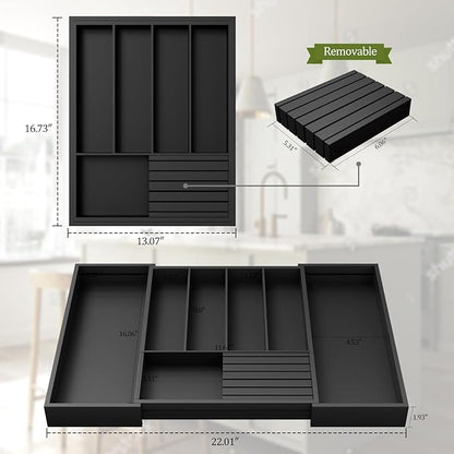 Bamboo Kitchen Silverware Drawer Organizer - Expandable Wood Utensil Holder with Dividers, Luxury Cutlery Storage Tray for Kitchen Utensil and Flatware (5-7 Slots with Removable Knife Block, Black)