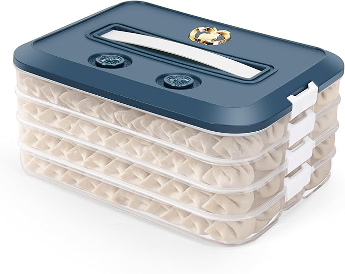 Food Storage Containers with Lids, Plastic Cookie Storage Containers Airtight, 4-Layer Stackable Food Containers Dumpling Storage Box, Blue