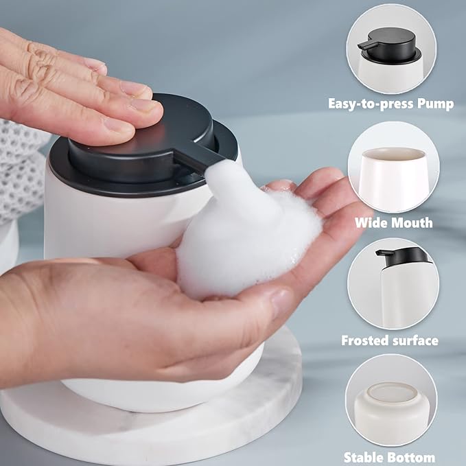 12Oz Foaming Hand Soap Dispenser - White Foam Soap Dispenser Bathroom with Easy-to-Press Pump, Modern Refillable Liquid Lotion Hand Soap Dispenser, Ceramic Dish Soap Dispenser for Kitchen