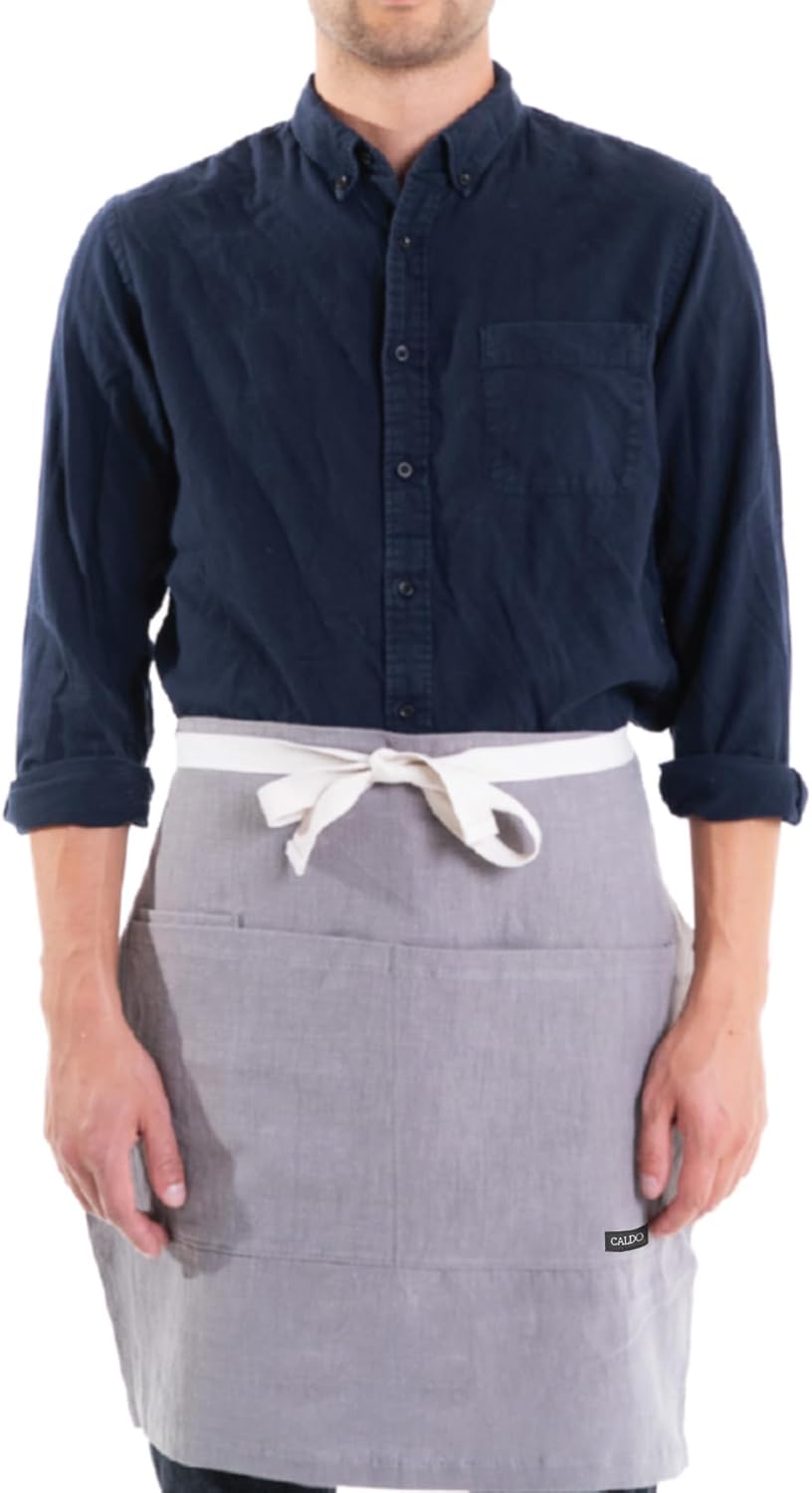 Caldo Linen Bistro Cafe Apron - Professional Grade with Pockets, Half Kitchen Apron, Mid Length 23 x 23, 40 Inch Waist Ties