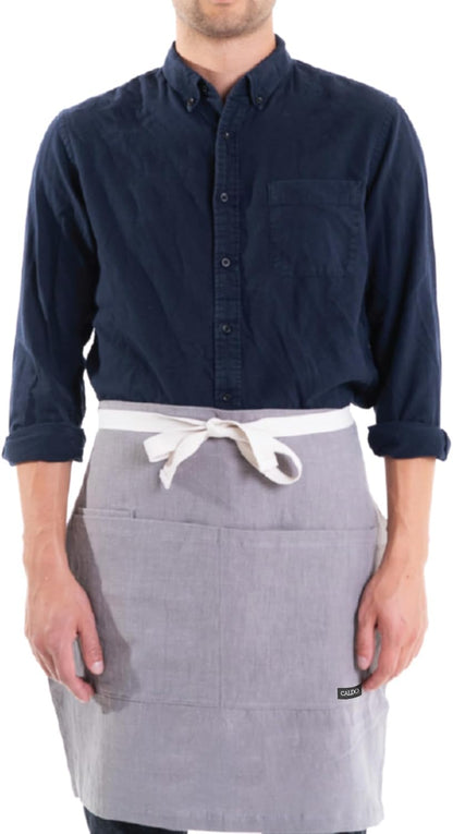 Caldo Linen Bistro Cafe Apron - Professional Grade with Pockets, Half Kitchen Apron, Mid Length 23 x 23, 40 Inch Waist Ties