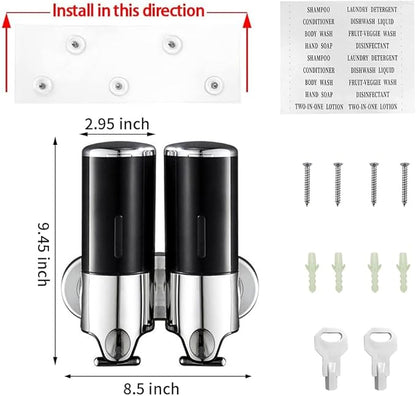 2 Chamber Wall Mounted Bathroom Shower Pump Dispenser and Organizer-Holds Shampoo, Soap, Conditioner, Shower Gel, for Bathroom Kitchen Hotel (Black 2 Chamber)