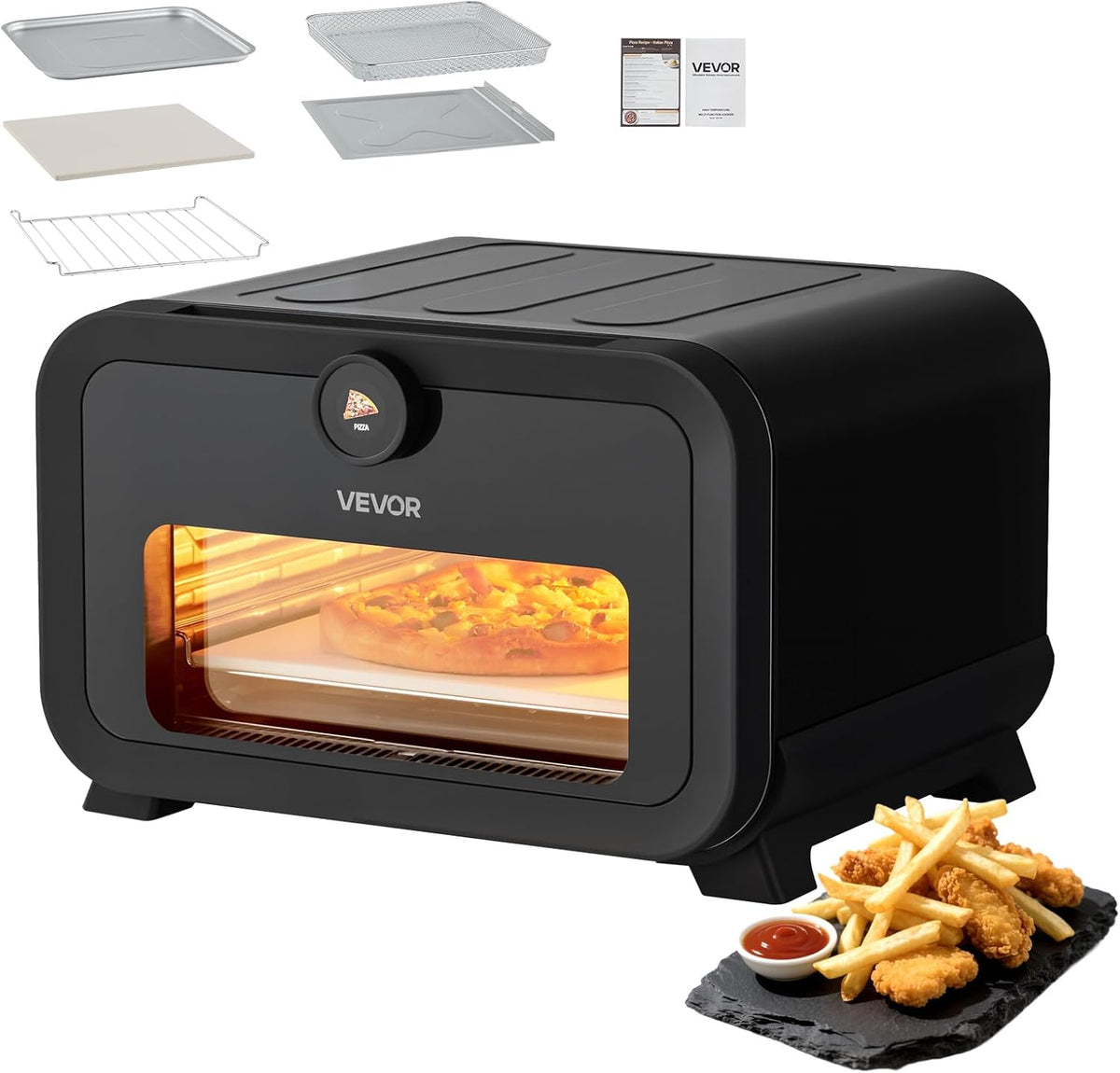 VEVOR Pizza Oven, 8 Presets Electric Pizza Ovens Air Fry Combo, 12-Inch Indoor Pizza Maker Smart Knob Control, 750°F Max Temp, IPX4 Waterproof Countertop Pizza Cooker w/Pizza Stone,Fry Basket