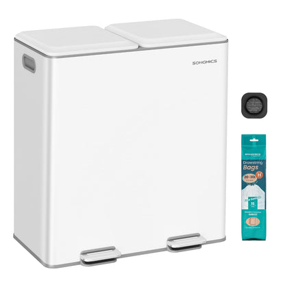 SONGMICS Trash Can, 2 x 8 Gallon (2 x 30 L) Double Garbage Can with Soft-Close Lids, Removable Inner Buckets, Pedals, Stainless Steel, for Waste and Recycling, Cloud White ULTB743W01