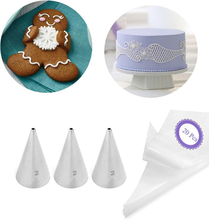 #2 Piping Tip and Bag Set – 3 Fine Round Tips & 20 Disposable 8-Inch Pastry Bags for Lettering, Outlines & Detail Work
