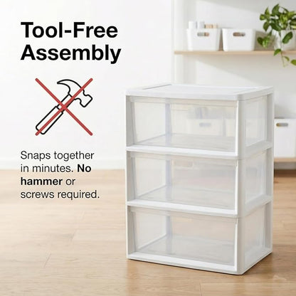 Wide 3 Drawer Plastic Storage Tower with Clear Removable Bins, 15.6" x 21" x 25.2" Organizer Unit with Drawer Stops and Easy-Pull Handles for Closet, Dorm, and Office Organization, White