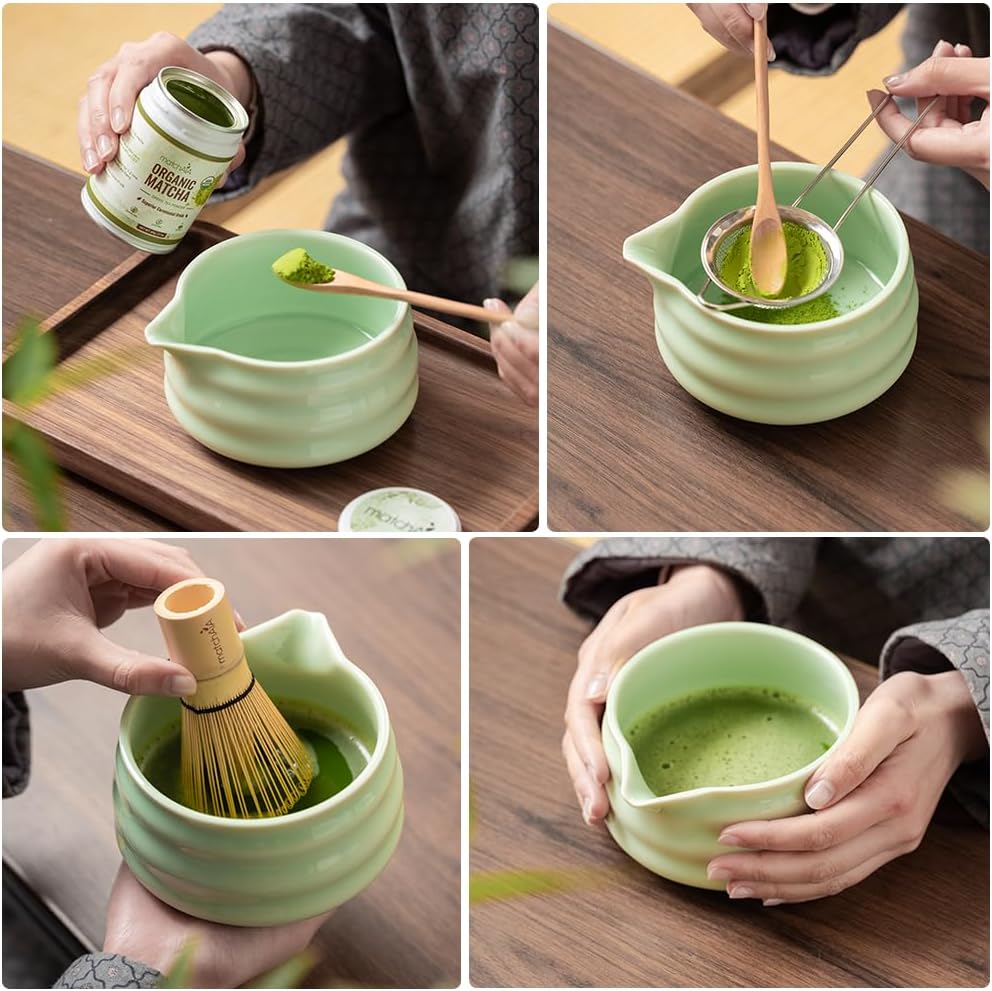 7 Pcs Matcha Set - Ceramic Bowl, Bamboo Whisk with Holder, Sifter, Schima Spoon, Spoon Rest and Tea Towel