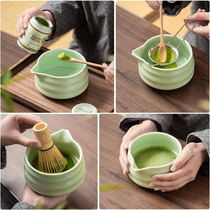 7 Pcs Matcha Set - Ceramic Bowl, Bamboo Whisk with Holder, Sifter, Schima Spoon, Spoon Rest and Tea Towel