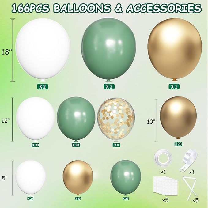 MEBAY Sage Green Balloon Arch Kit, 166Pcs Olive Green White Gold Balloons Garland for Baby Shower Birthday Wedding Jungle Safari Party Decoration