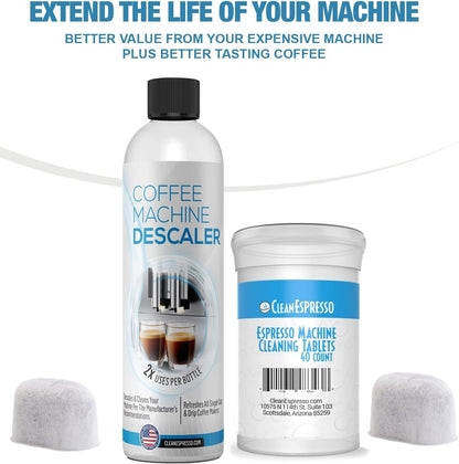 CleanEspresso - Designed For Breville Cleaning Kit - 40 Breville Compatible Cleaning Tablets + 2 Espresso Machine Water Filters + 2-Use Descaler - Espresso Machine Accessories