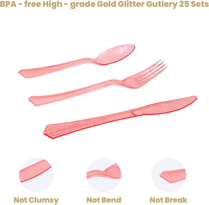 AIRE 175Pcs White Rose Gold Paper Plates Dinnerware Sets for 25 Guests, Party Supplies Disposable Paper Party Plates Napkins Cups Plastic Forks Knives Spoons For Birthday Baby Shower Wedding New Year