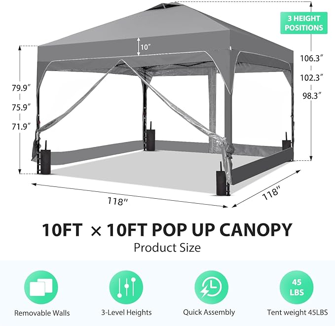 10x10 FT Pop Up Canopy with 4 Clear PVC Sidewalls, Instant 1-Button Push Canopy Tent for Outdoor Activities & Events