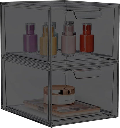 SpaceHacks 2 Pack Stackable Makeup Organizer and Storage, Acrylic Organizers，Clear Plastic Storage Drawer with Pull-Out Handles for Vanity, Undersink, Kitchen Cabinets, Pantry, Black