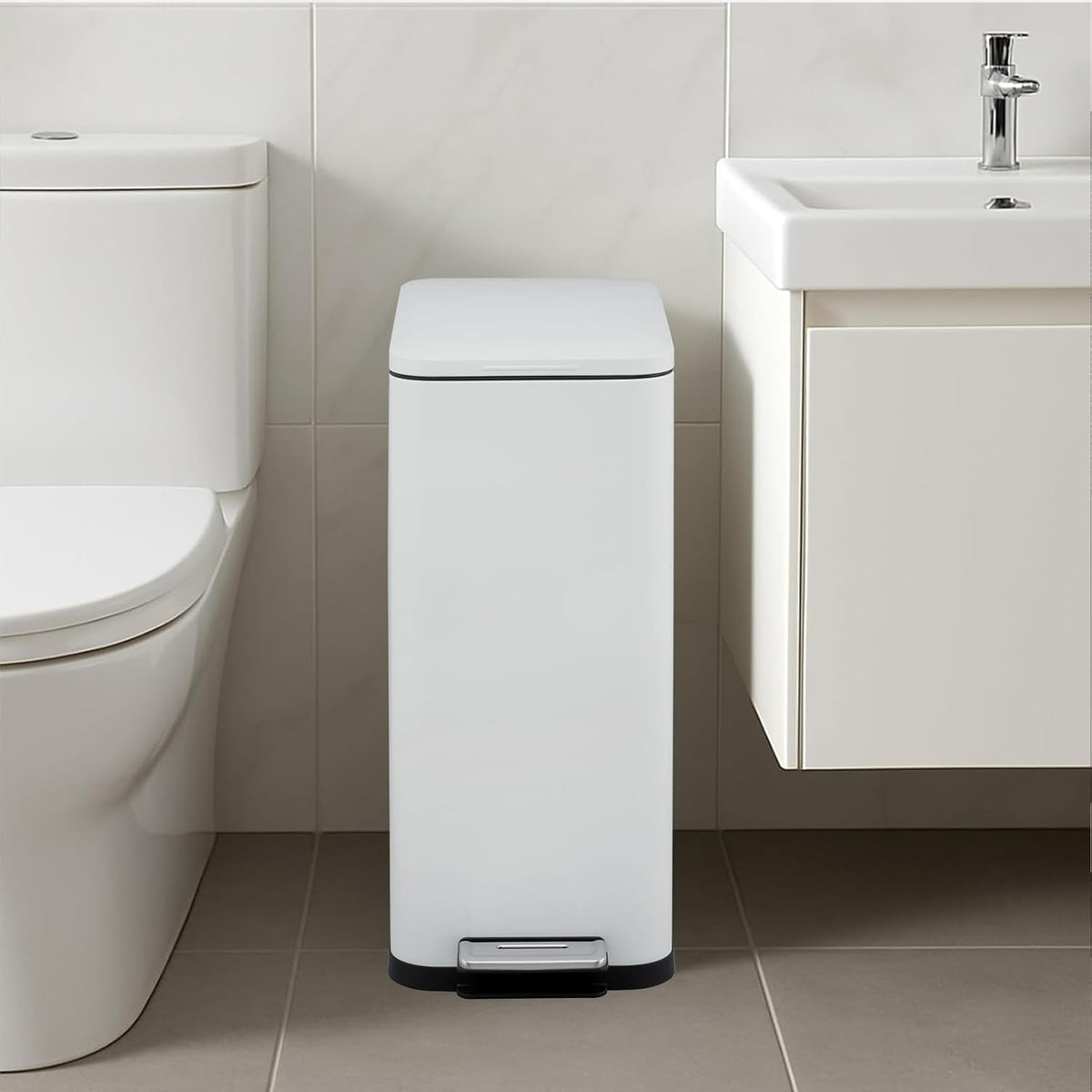 Garvee 13 Gallon Kitchen Trash Can, Stainless Steel Step Garbage Bin with Soft-Close Lid & Removable Bucket, Fingerprint Proof, Slim for Narrow Spaces, Bathroom or Office (White+Silver, 13 Gallon)