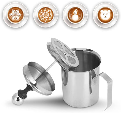 Manual Milk Frother 14oz/400ml Stainless Steel Frothing Pitcher With Handle for Latte Cappuccino Foam