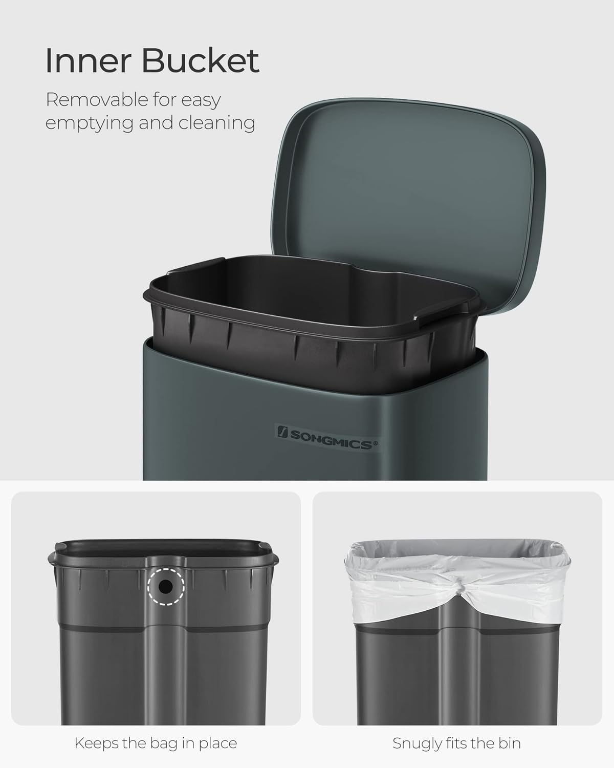 SONGMICS Trash Can with Lid, 8 Gallon Garbage Can, Stainless Steel Small Waste Bin with Step Pedal and Inner Bucket, Soft Close, Kitchen, Greenish Gray ULTB102G01