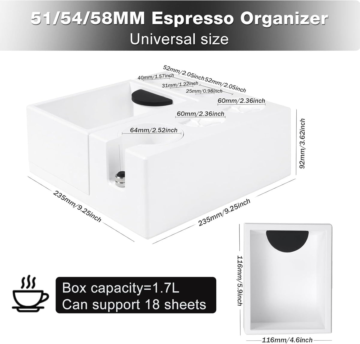 PUSEE Espresso Knock Box & Tamp Station, 9 in 1 Espresso Organizer, Fit 51,54,58MM Tamper, Distributor, Portafilter & Puck Screen Accessories, Detachable Knock Box