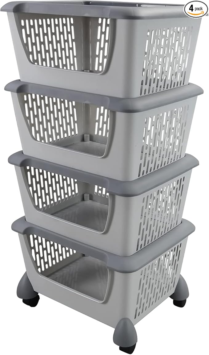 Obstnny 4 Pack Stacking Storage Bins, Multipurpose Large Plastic Baskets