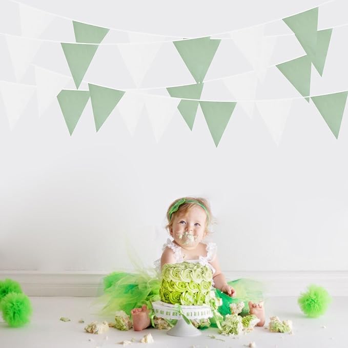 Zwiebeco 39Ft Green White Fabric Bunting Banner Triangle Flags Hanging Cotton Garland Pennant for Spring Tea Party Birthday Wedding Baby Shower Outdoor Garden Decorations 42PCS